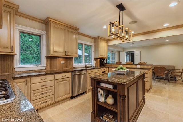 1076 Old Barn Ln, Lake Forest, IL 60045 - kitchen with appliances with stainless steel finishes, open floor plan, decorative backsplash, dark stone countertops, and ornamental molding