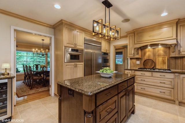 1076 Old Barn Ln, Lake Forest, IL 60045 - kitchen with a chandelier, appliances with stainless steel finishes, beverage cooler, crown molding, and dark stone counters