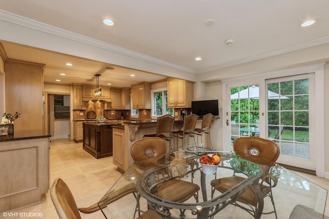 1076 Old Barn Ln, Lake Forest, IL 60045 - dining room featuring light tile patterned flooring, recessed lighting, and crown molding