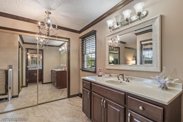 1148 N Anvil Ct, Addison, IL 60101 - bathroom featuring a chandelier, crown molding, a textured ceiling, vanity, and wine cooler