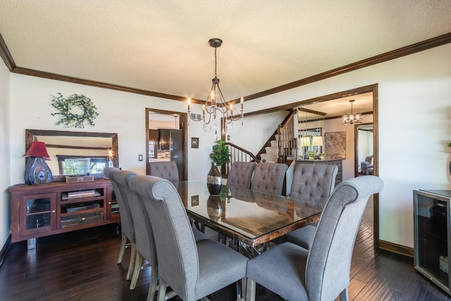 1148 N Anvil Ct, Addison, IL 60101 - dining space with a chandelier, ornamental molding, wine cooler, stairs, and a textured ceiling