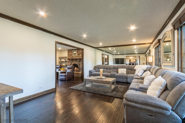 1148 N Anvil Ct, Addison, IL 60101 - living room with crown molding, dark wood-type flooring, a fireplace, a textured ceiling, and recessed lighting