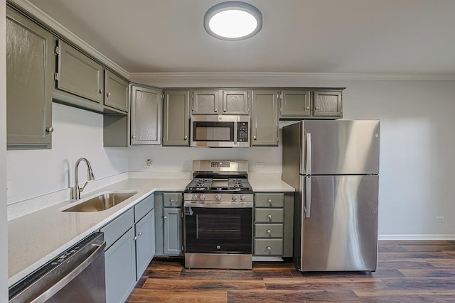 2354 S St Unit E, Elgin, IL 60123 - kitchen featuring appliances with stainless steel finishes, ornamental molding, dark wood finished floors, light countertops, and gray cabinetry