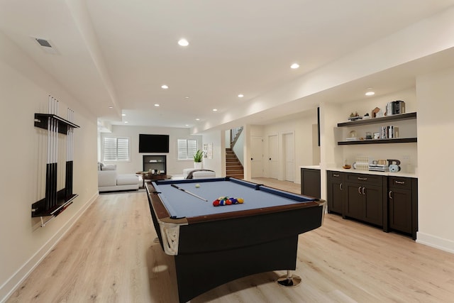 1947 Summerton Pl, Northbrook, IL 60062 - game room with a fireplace, light wood-style floors, pool table, and recessed lighting