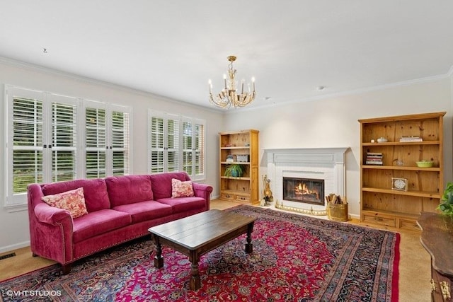 36917 N Deer Trail Dr, Lake Villa, IL 60046 - living area with crown molding, a fireplace, and a chandelier