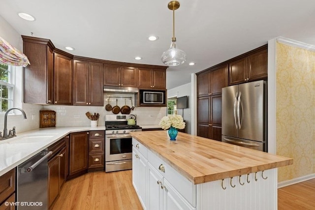 36917 N Deer Trail Dr, Lake Villa, IL 60046 - kitchen with stainless steel appliances, wooden counters, light wood finished floors, under cabinet range hood, and recessed lighting