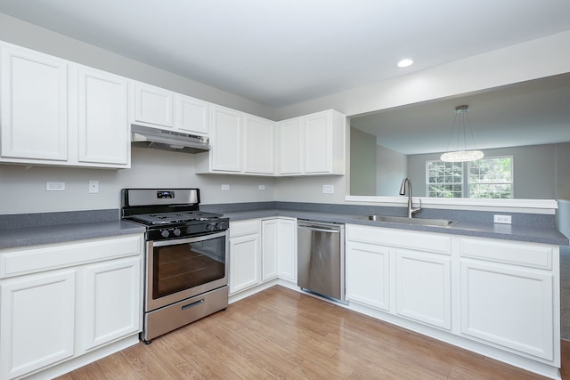 635 Conservatory Ln Unit 635, Aurora, IL 60502 - kitchen featuring stainless steel appliances, under cabinet range hood, white cabinetry, a peninsula, and light wood-type flooring