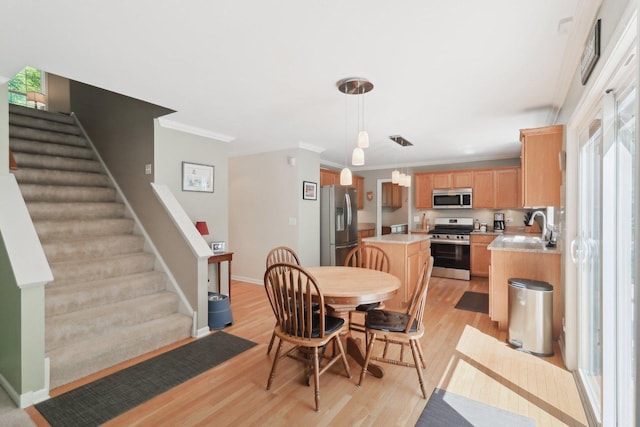 305 Buckingham Dr, Algonquin, IL 60102 - dining space featuring light wood-type flooring, stairs, and crown molding
