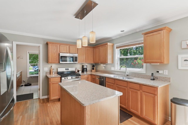 305 Buckingham Dr, Algonquin, IL 60102 - kitchen featuring stainless steel appliances, ornamental molding, a kitchen island, plenty of natural light, and light wood finished floors