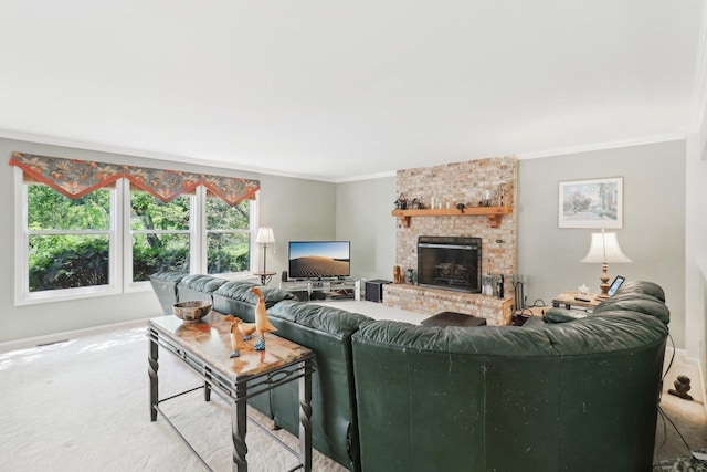 305 Buckingham Dr, Algonquin, IL 60102 - living area with ornamental molding, a brick fireplace, and carpet flooring