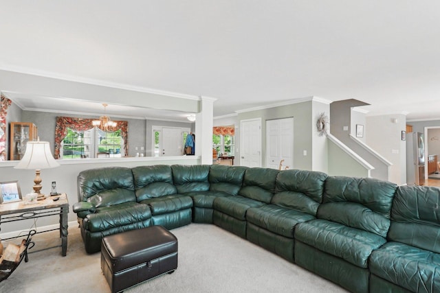305 Buckingham Dr, Algonquin, IL 60102 - carpeted living room featuring crown molding and a chandelier