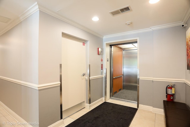 1670 Mill St Unit 508, Des Plaines, IL 60016 - hallway featuring elevator, tile patterned floors, crown molding, and recessed lighting