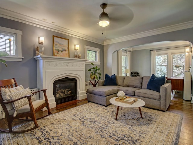 415 N Taylor Ave, Oak Park, IL 60302 - living area with arched walkways, wood finished floors, healthy amount of natural light, and crown molding