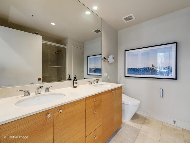 240 E Illinois St Unit 1002, Chicago, IL 60611 - bathroom with tile patterned floors, double vanity, a shower stall, and recessed lighting