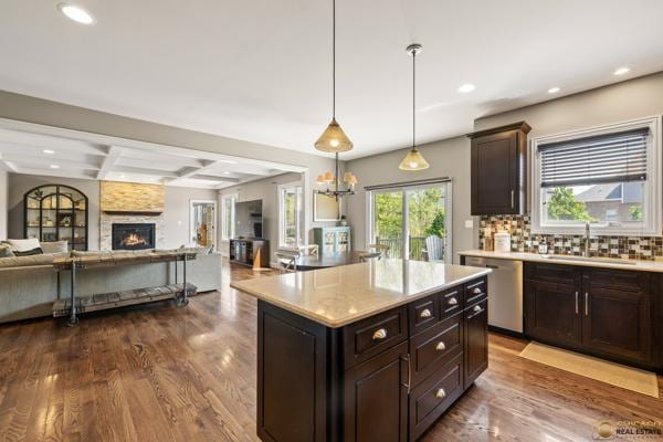 13119 Kinsale Ct, Lemont, IL 60439 - kitchen with dishwasher, open floor plan, light countertops, dark wood finished floors, and recessed lighting