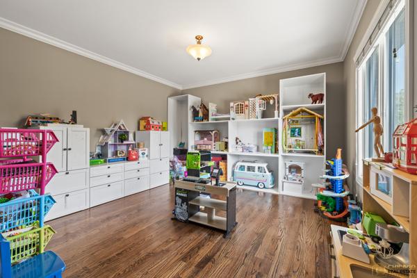 13119 Kinsale Ct, Lemont, IL 60439 - recreation room with crown molding and wood finished floors