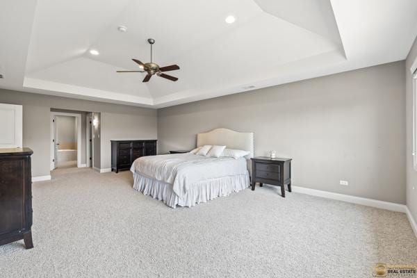 13119 Kinsale Ct, Lemont, IL 60439 - bedroom with a tray ceiling, light carpet, recessed lighting, and a ceiling fan