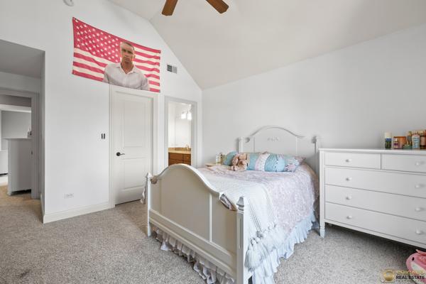 13119 Kinsale Ct, Lemont, IL 60439 - bedroom featuring vaulted ceiling, carpet flooring, ceiling fan, and ensuite bath