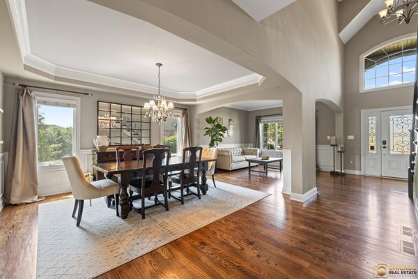 13119 Kinsale Ct, Lemont, IL 60439 - dining space featuring a chandelier, arched walkways, ornamental molding, and a raised ceiling