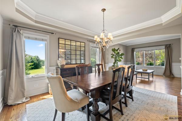 13119 Kinsale Ct, Lemont, IL 60439 - dining space featuring a tray ceiling, ornamental molding, a chandelier, wood finished floors, and wainscoting