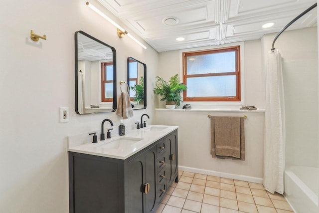 2642 N 3739th Rd, Sheridan, IL 60551 - full bath with double vanity, tile patterned floors, and shower / bathtub combination with curtain
