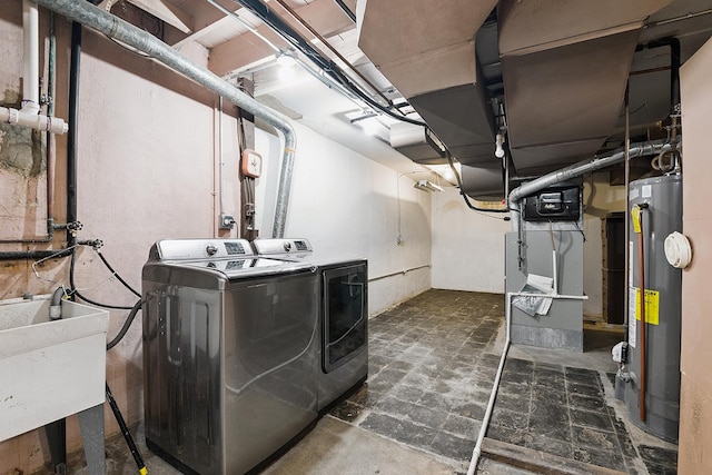 2125 Collett Ln, Flossmoor, IL 60422 - unfinished basement with gas water heater, washing machine and clothes dryer, stone finish flooring, and heating unit