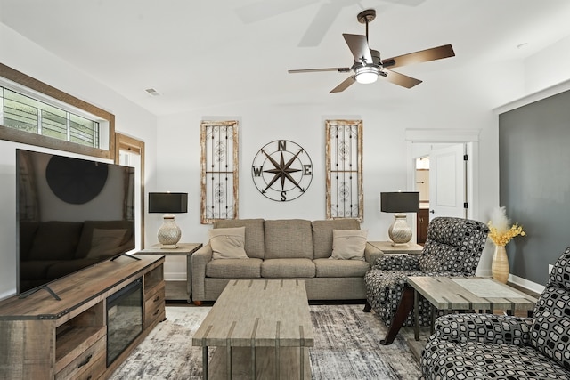 6815 W 142nd Ln, Cedar Lake, IN 46303 - living area featuring a ceiling fan and vaulted ceiling