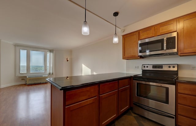 1 Renaissance Pl Unit 1212, Palatine, IL 60067 - kitchen featuring stainless steel appliances, a peninsula, crown molding, dark countertops, and dark wood-style floors