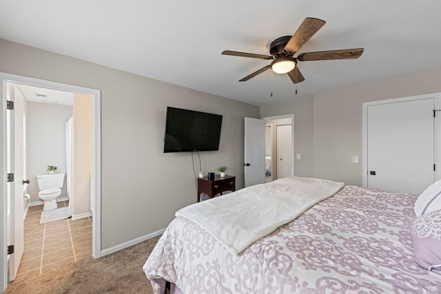 944 W Briarcliff Rd, Bolingbrook, IL 60440 - bedroom with light colored carpet, a ceiling fan, and connected bathroom