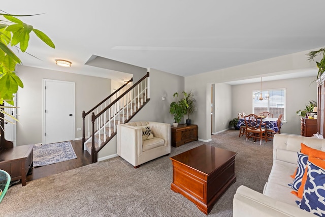 944 W Briarcliff Rd, Bolingbrook, IL 60440 - living room with stairs, carpet, and a chandelier