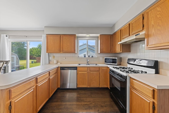 944 W Briarcliff Rd, Bolingbrook, IL 60440 - kitchen with stainless steel appliances, under cabinet range hood, dark wood-style floors, and backsplash