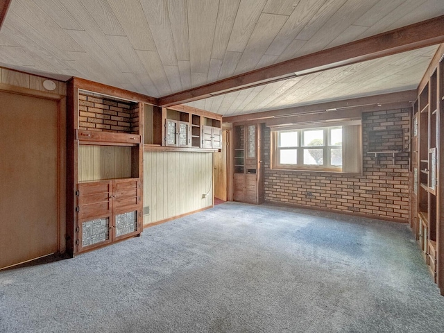 824 E 193rd Pl, Glenwood, IL 60425 - unfurnished living room featuring carpet floors, wooden ceiling, wood walls, and brick wall