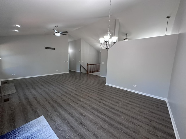 4075 Peartree Dr, Lake In The Hills, IL 60156 - unfurnished living room with dark wood-style floors, ceiling fan, and lofted ceiling