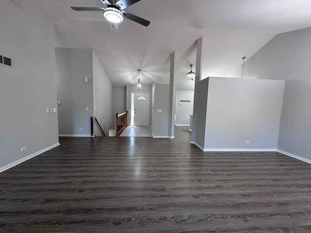 4075 Peartree Dr, Lake In The Hills, IL 60156 - unfurnished living room with lofted ceiling, dark wood-style floors, and ceiling fan