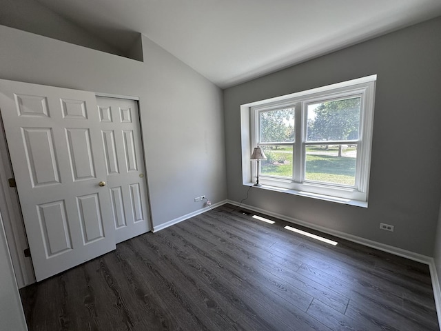 4075 Peartree Dr, Lake In The Hills, IL 60156 - unfurnished bedroom with vaulted ceiling, dark wood finished floors, and a closet