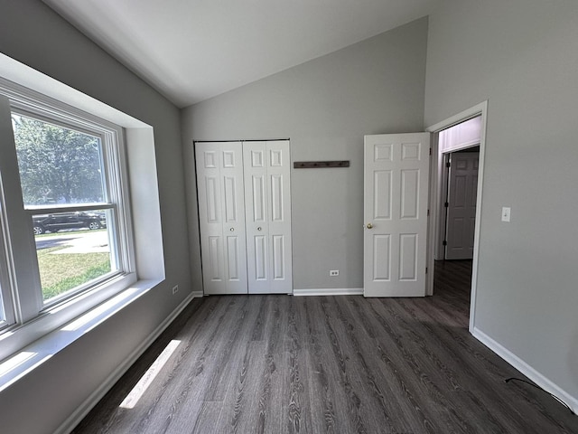 4075 Peartree Dr, Lake In The Hills, IL 60156 - unfurnished bedroom featuring multiple windows, dark wood-style floors, a closet, and high vaulted ceiling