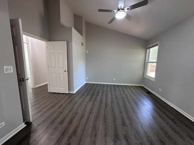4075 Peartree Dr, Lake In The Hills, IL 60156 - unfurnished bedroom featuring dark wood-style flooring, a ceiling fan, and high vaulted ceiling
