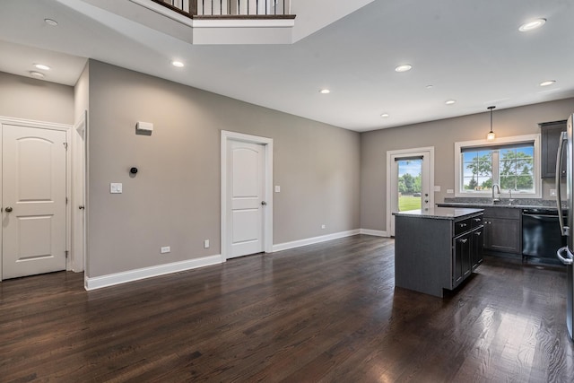 14903 S Preserve Dr, Lockport, IL 60441 - kitchen with dark wood finished floors, dishwasher, recessed lighting, a center island, and hanging light fixtures