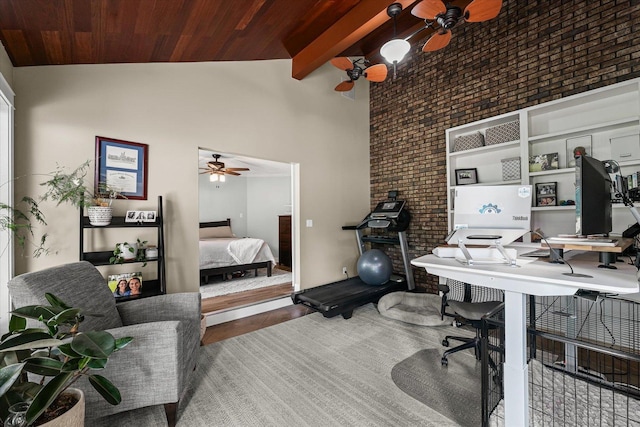 2911 E Oaks Rd N, Urbana, IL 61802 - office space with a ceiling fan, wooden ceiling, high vaulted ceiling, wood finished floors, and brick wall