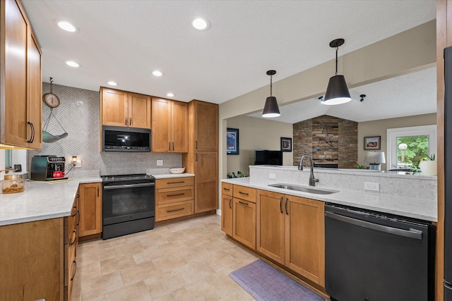 2911 E Oaks Rd N, Urbana, IL 61802 - kitchen featuring dishwasher, stainless steel microwave, black range with electric stovetop, decorative backsplash, and pendant lighting