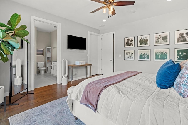 2140 W Armitage Ave Unit 3W, Chicago, IL 60647 - bedroom with wood finished floors, recessed lighting, a ceiling fan, and ensuite bathroom