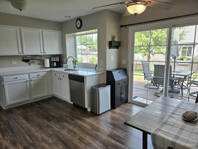 1873 Baldwin Way, Bolingbrook, IL 60490 - kitchen featuring dishwasher, ceiling fan, dark wood-type flooring, white cabinetry, and light countertops