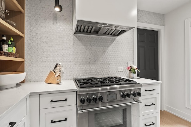 692 S Waukegan Rd, Lake Forest, IL 60045 - kitchen featuring high end stove, premium range hood, open shelves, and backsplash