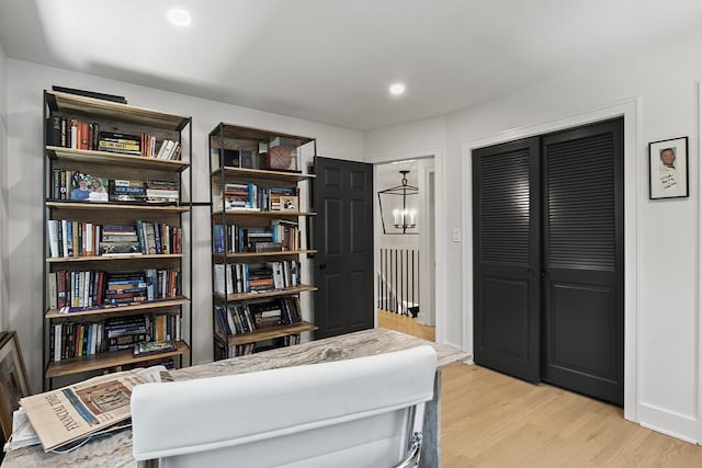 692 S Waukegan Rd, Lake Forest, IL 60045 - office area featuring light wood-style floors, a chandelier, and recessed lighting