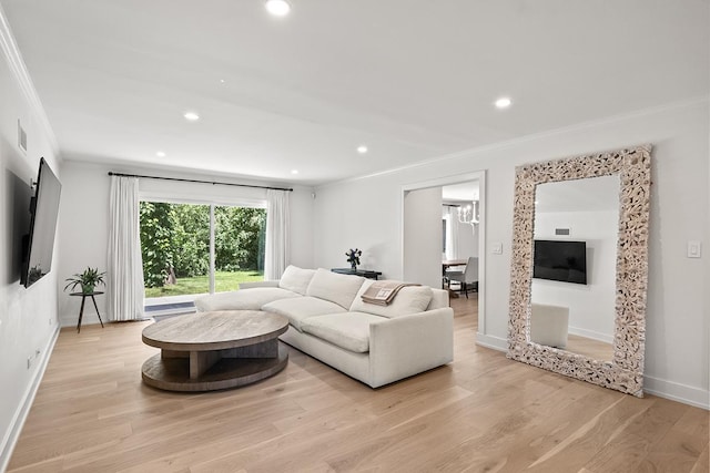 692 S Waukegan Rd, Lake Forest, IL 60045 - living room featuring ornamental molding, light wood-style flooring, and recessed lighting