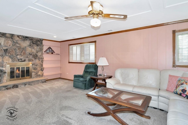 14332 S W Glen Dr, Homer Glen, IL 60491 - carpeted living room featuring attic access, a ceiling fan, crown molding, and a fireplace