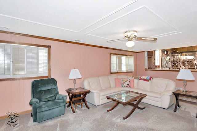 14332 S W Glen Dr, Homer Glen, IL 60491 - carpeted living room featuring a ceiling fan and crown molding