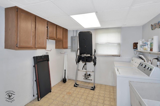 14332 S W Glen Dr, Homer Glen, IL 60491 - laundry room featuring separate washer and dryer, cabinet space, light floors, and electric panel
