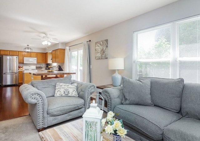 1769 Autumn Woods Ln, Romeoville, IL 60446 - living room with a ceiling fan and dark wood finished floors