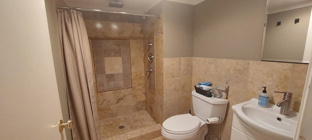 501 Hemlock Ln, Libertyville, IL 60048 - full bathroom featuring vanity, a tile shower, and tile walls